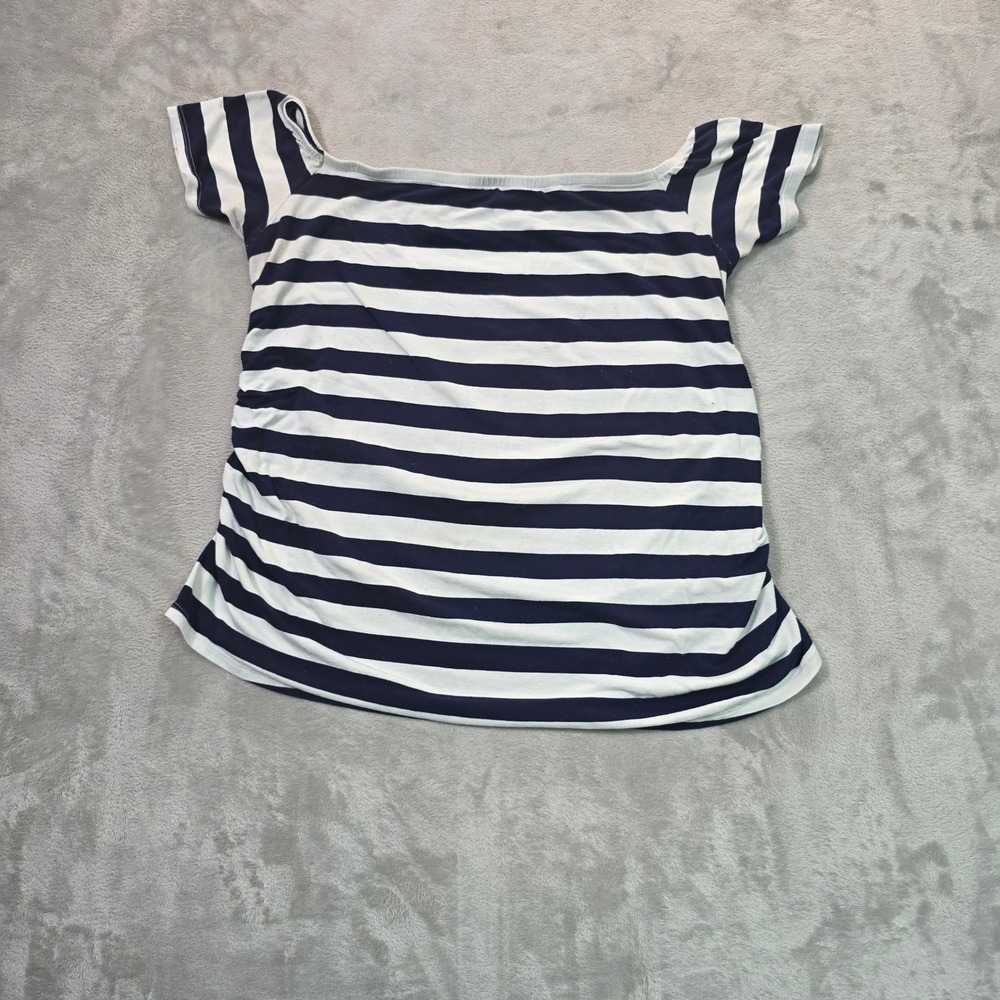 Isabel Maternity Striped Off the Shoulder Ruched Side Top Navy White XL